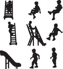 Silhouette Playground Fun: Children Playing on Slide, Ladders, and Swings - Vector Illustration for Kids Activities and Recreation Design
