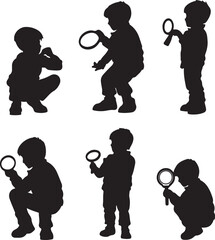 Silhouette Vector Art: Child Exploring with Magnifying Glass | Black and White Illustration of Young Boy Investigating Nature