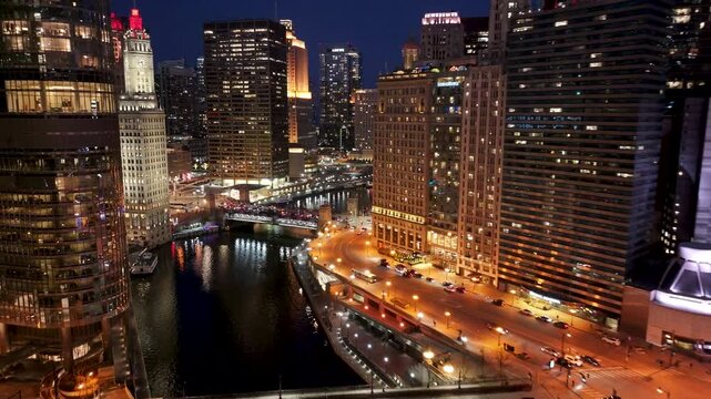 Night Downtown Chicago At Chicago Illinois United States. Modern City Center With Skyscrapers Reflecting The Urban Life. Building Metropolitan Landscape Buildings Stunning.