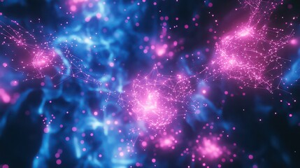 Abstract nebula with pink and blue hues connected by luminous lines and glowing dots