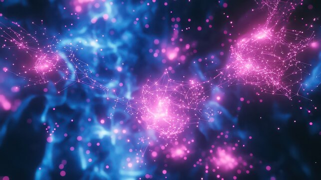 Abstract nebula with pink and blue hues connected by luminous lines and glowing dots