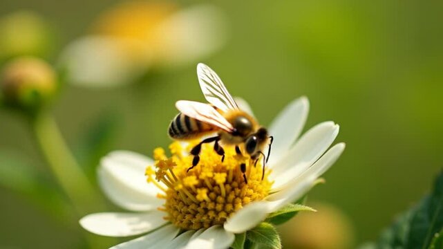 A bee pollinating an strawberry flowers, collecting nectar