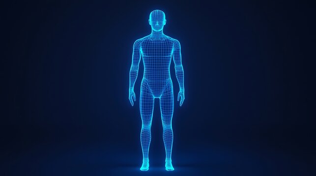 A glowing blue wireframe human figure stands upright on a dark background, representing digital technology and virtual anatomy.