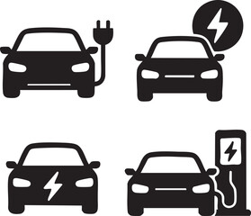 Set of Flat Electric Car Icons – Eco-Friendly Vehicle Vector Illustration