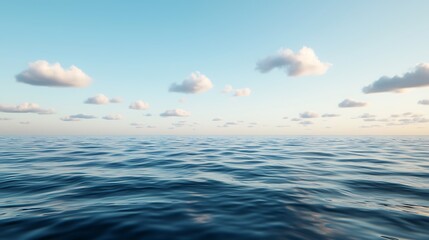 Obraz premium Calm ocean waves under a clear blue sky with scattered fluffy clouds.