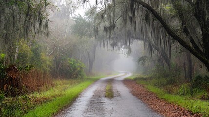 Enigmatic Foggy Road: Mystical Journey through Light Rain and Mist