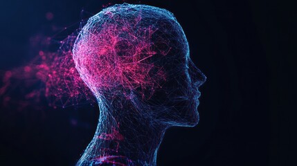 Abstract digital portrait of a head, network of lines, vibrant colors