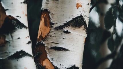 Close-up of birch tree bark, showing intricate patterns and textures