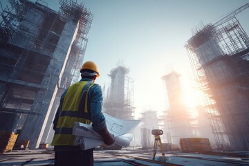 Construction Worker Observing Progress of Building Site with Blueprints in Hand During Sunrise, Focused on Urban Development and Project Planning