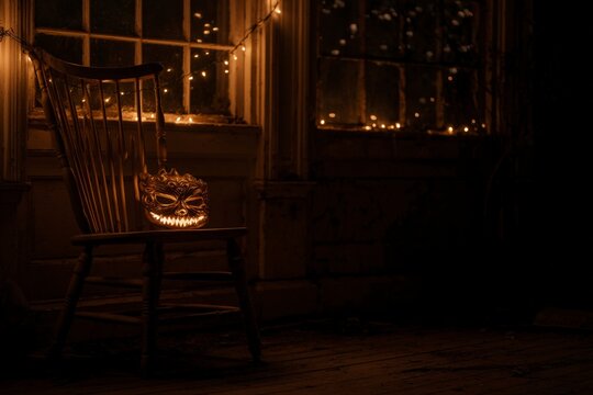 Eerie glowing mask on chair in dimly lit room.