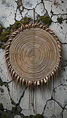 Fototapeta premium Circular woven bamboo basket on cracked wall