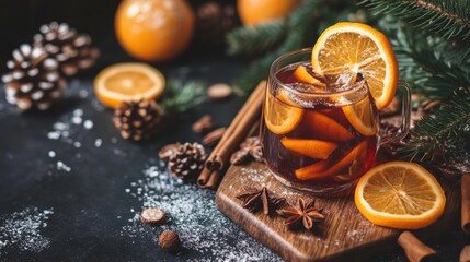 Festive mulled wine beverage with orange slices and spices on a dark background