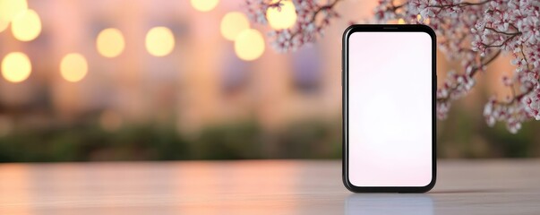 Mobile phone mockup with blank screen and floral decor on bokeh background