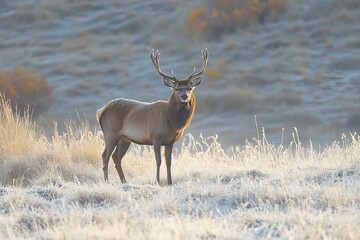 Obraz premium A red deer stag stands in a frosty meadow at sunrise, with mist rising from the ground and trees silhouetted against the golden sunlight. The photograph captures the majestic wildlife in its natural