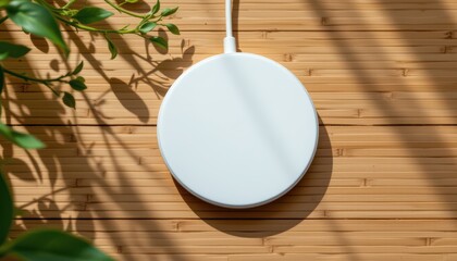 stylish flat lay of magnetic charger on a bamboo surface, with pale tones, soft ray lighting softness, modern props, high resolution