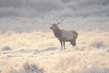 Obraz premium A red deer stag stands in a frosty meadow at sunrise, with mist rising from the ground and trees silhouetted against the golden sunlight. The photograph captures the majestic wildlife in its natural