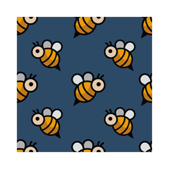 Cute seamless pattern showcasing cheerful cartoon bees flying over a deep blue background. This bright and friendly design is great for children’s products, educational materials, eco-themed projects