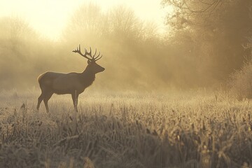 A red deer stag stands in a frosty meadow at sunrise, with mist rising from the ground and trees silhouetted against the golden sunlight. The photograph captures the majestic wildlife in its natural