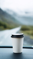Obraz premium A blank coffee cup sits on a car dashboard overlooking a blurry mountain road, evoking a sense of travel and adventure