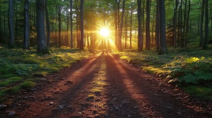 Obraz premium Sunlit Forest Path: A Serene Sunset Walk