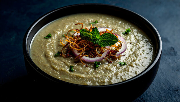 Hyderabadi haleem in a bowl garnished with fried onions and mint