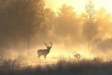 A red deer stag stands in a frosty meadow at sunrise, with mist rising from the ground and trees silhouetted against the golden sunlight. The photograph captures the majestic wildlife in its natural