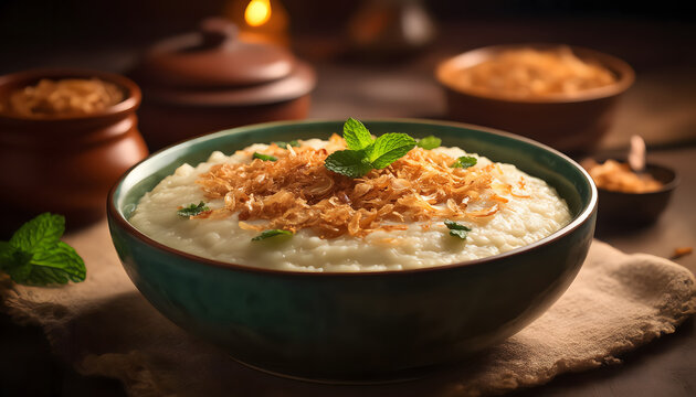 Hyderabadi haleem in a bowl garnished with fried onions and mint