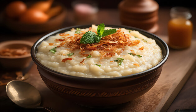 Hyderabadi haleem in a bowl garnished with fried onions and mint