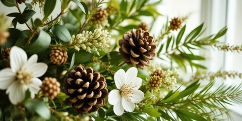 Fototapeta premium Rustic Eucalyptus and Pinecones Display, Minimalist Design
