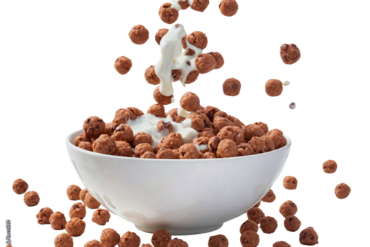 A bowl of rounded chocolate cereal balls with milk, advertising concept, isolated on transparent background
