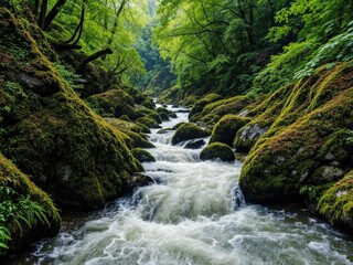 Strong Current, Mossy Rocks, Cantabria Forest