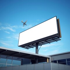 Billboard outdoor advertising mockup billing board in front of a blue sky with a flying plane near the airport blank white background for branding design large hoarding  generative ai billboard blank 