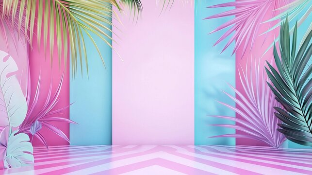 Tropical pastel palm leaves in vibrant geometric room design for creative spaces