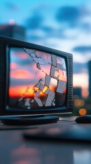 Broken television screen reflecting sunset cityscape technology concept