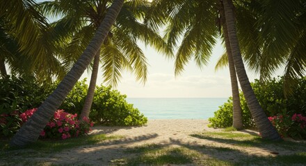 Fototapeta premium Tropical Beach Scene with Palm Trees and Pink Flowers