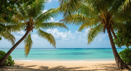 Obraz premium Tropical Beach Scene with Palm Trees and Turquoise Water