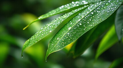 Serene Rainy Season Ambiance: Slow Motion Raindrops in Motion Blur Conveying Peaceful Atmosphere