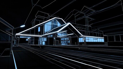 Futuristic train station, outlined in glowing light.  Architectural sketch, digital art