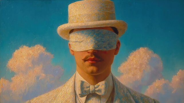 A blindfolded figure in a suit and hat, evoking mystery, surrealism, and thought-provoking themes.