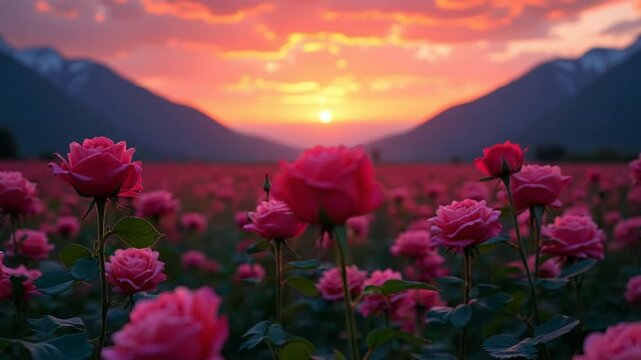 A field of pink roses at sunset with mountains in the background and a vibrant, colorful sky filled with clouds. The image captures the beauty of nature and the serene atmosphere of the scene