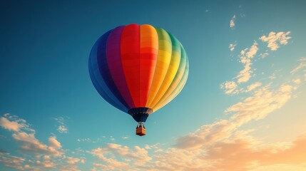Naklejka premium Colorful hot air balloon floats in a clear sky at sunset, creating a serene and picturesque landscape view