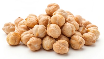 Pile of dried chickpeas on a white background.