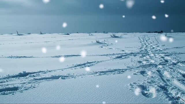 A snowy winter landscape with a trampled ground, covered in overlapping human and animal footprints