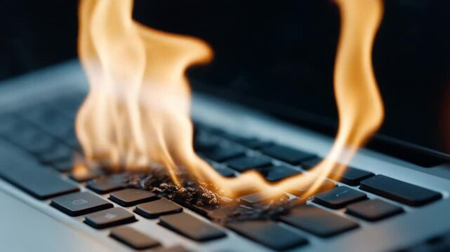 A laptop keyboard experiences a significant malfunction, resulting in flames erupting from the device.