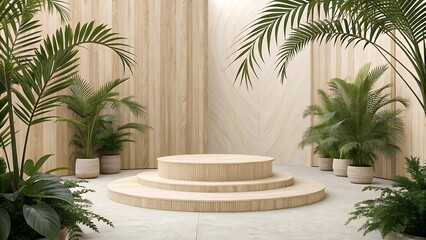 Fototapeta premium Wooden stage with vibrant green foliage creating an inviting display background for product showcasing