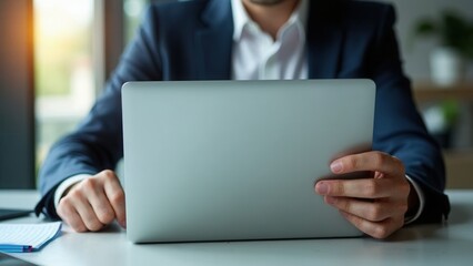 Businessman using laptop and analyzing economic growth, financial graph and business investment. planning strategy, stock market statistics, stock market trends, technical analysis.