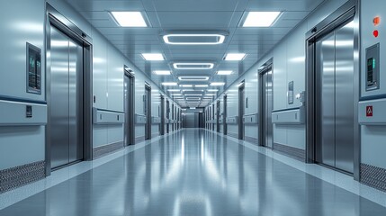 Obraz premium 3D rendering of a sterile hospital hallway with metallic accents, high-tech lighting, and motion-activated sliding doors