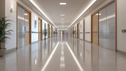 3D rendering of an empty, gleaming hospital hallway with smooth surfaces and minimalistic design, sliding doors on either side