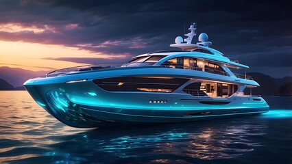 A glowing luxury yacht floating on vibrant bioluminescent alien waters, Cinematic theme, HDR, Vibrant