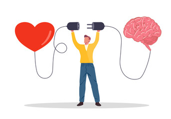 heart and brain connection, align your heart and brain, control feeling and emotion with logical thinking brain, man connect plug with heart to brain concept vector illustration with flat style design